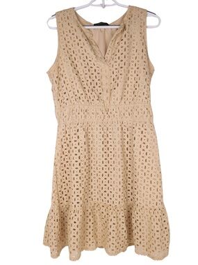 ZESICA Cream Eyelet Dress Large Sleeveless V Neck Tiered Summer Dress